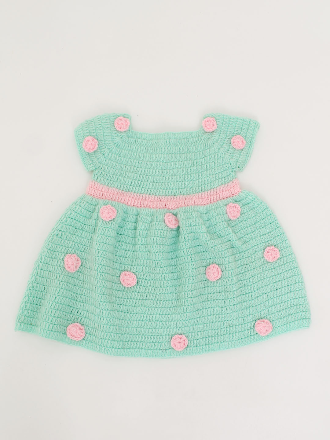 Woonie Handmade Short Sleeves Polka Dot Frock-Green