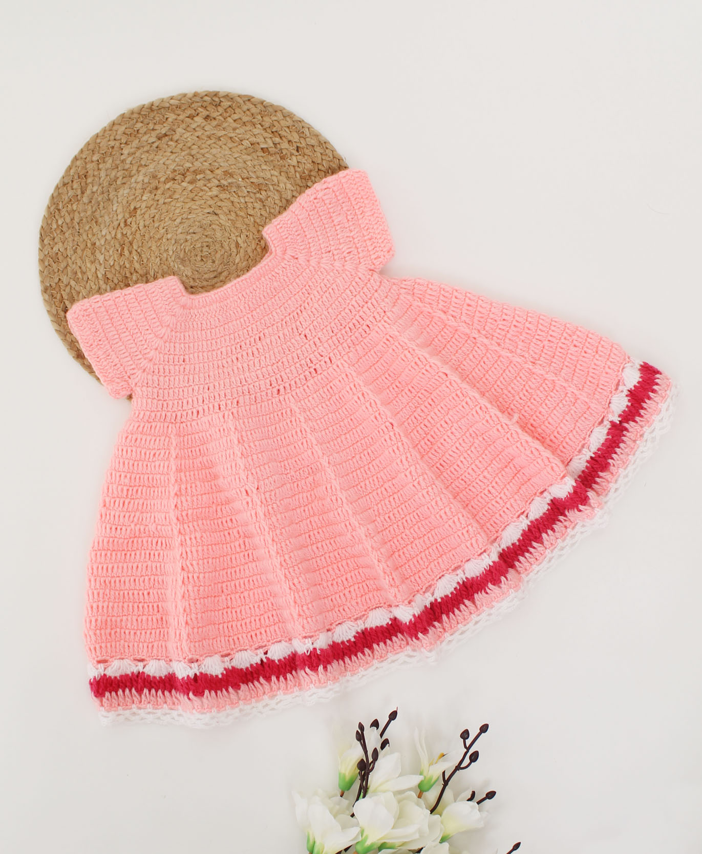 Woonie Handmade Crochet Short Sleeves Flared Frock-Peach