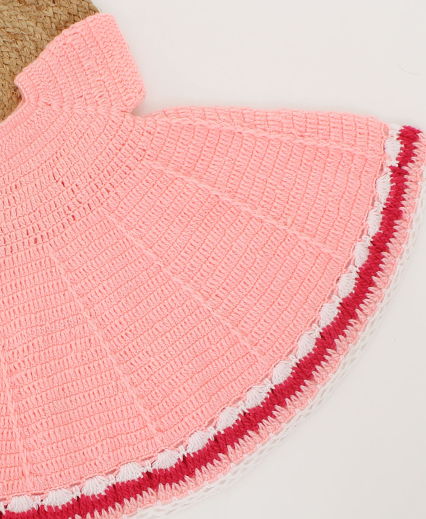 Woonie Handmade Crochet Short Sleeves Flared Frock-Peach