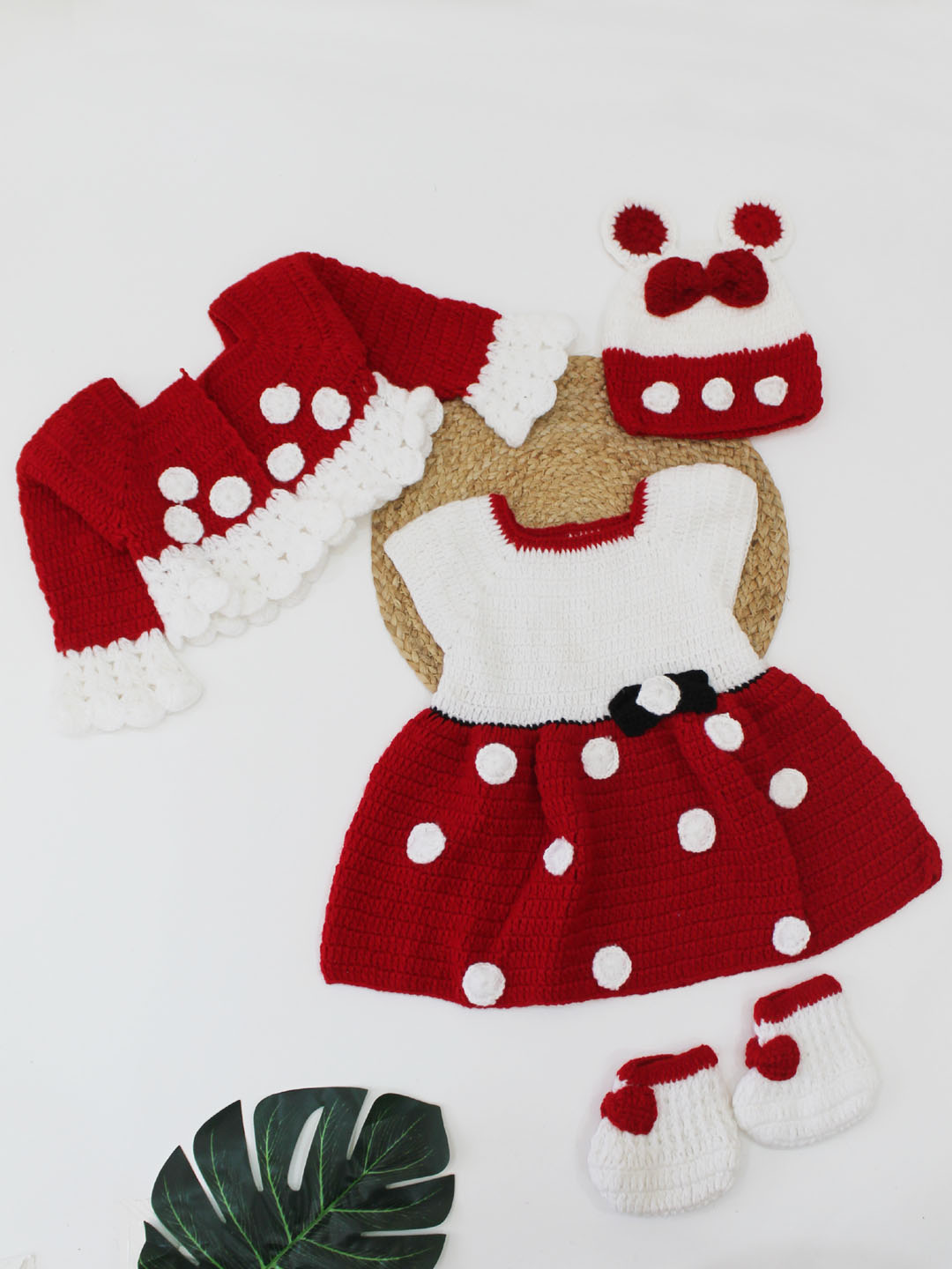 Woonie Handmade Crochet Cap Sleeves Polka Dot Frock With Stylish Shrug Cap & Booties-Maroon & White