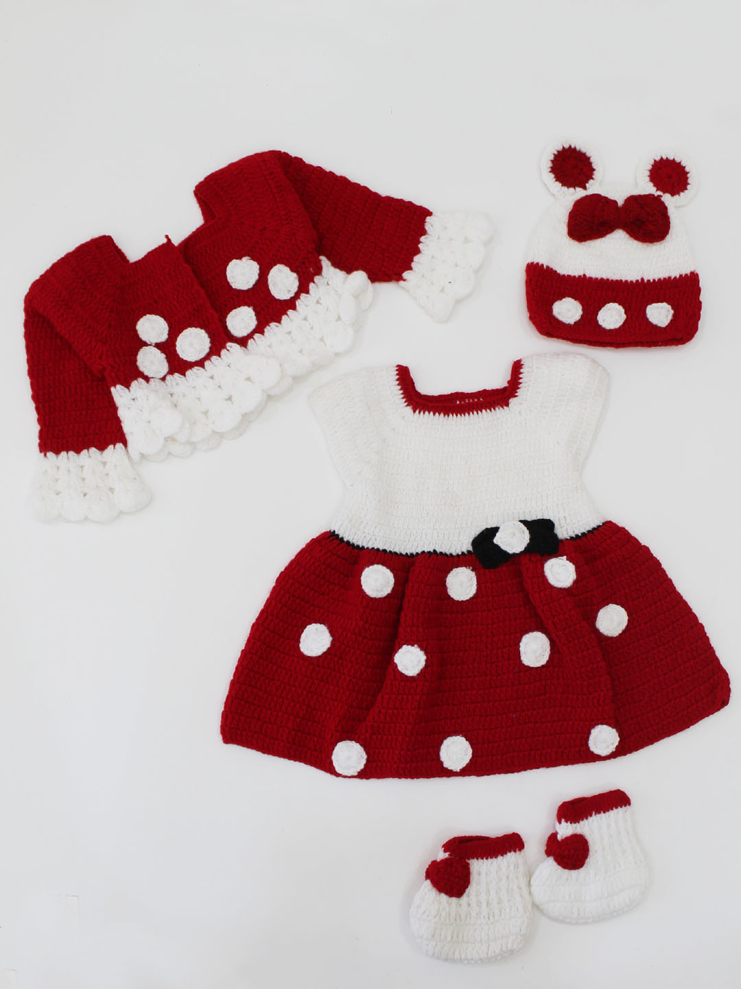 Woonie Handmade Crochet Cap Sleeves Polka Dot Frock With Stylish Shrug Cap & Booties-Maroon & White