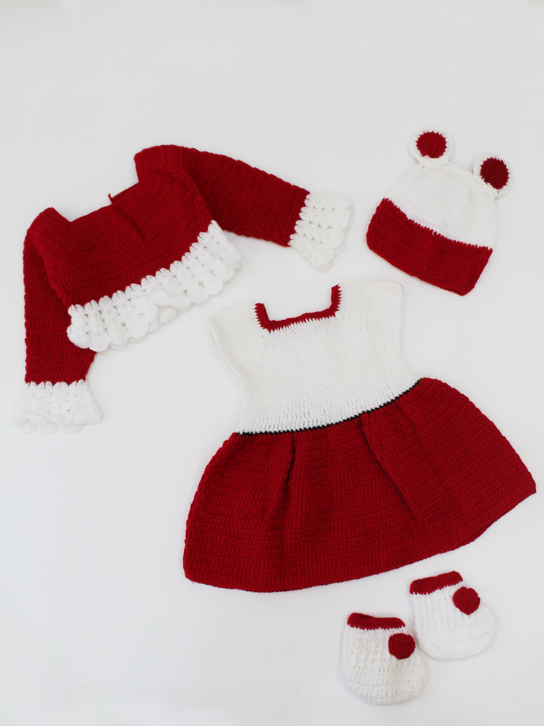 Woonie Handmade Crochet Cap Sleeves Polka Dot Frock With Stylish Shrug Cap & Booties-Maroon & White