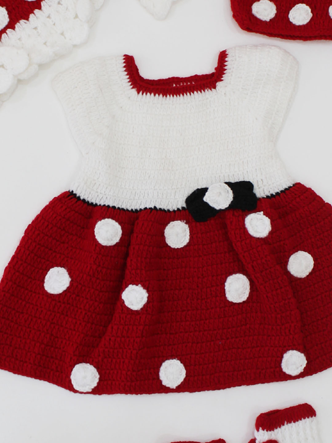 Woonie Handmade Crochet Cap Sleeves Polka Dot Frock With Stylish Shrug Cap & Booties-Maroon & White