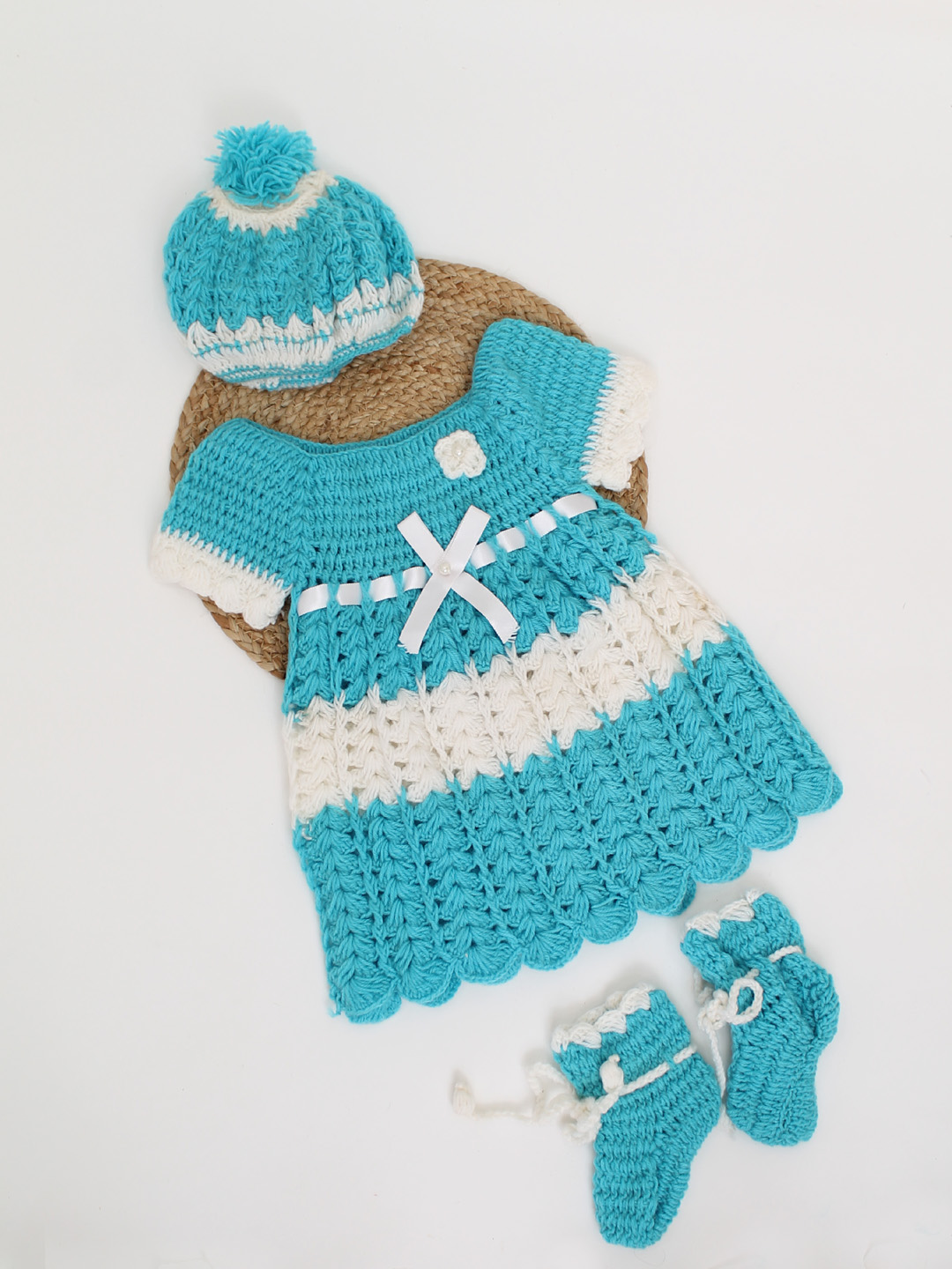 Woonie Handmade Crochet Floral Frock Set With Cap & Booties-Blue