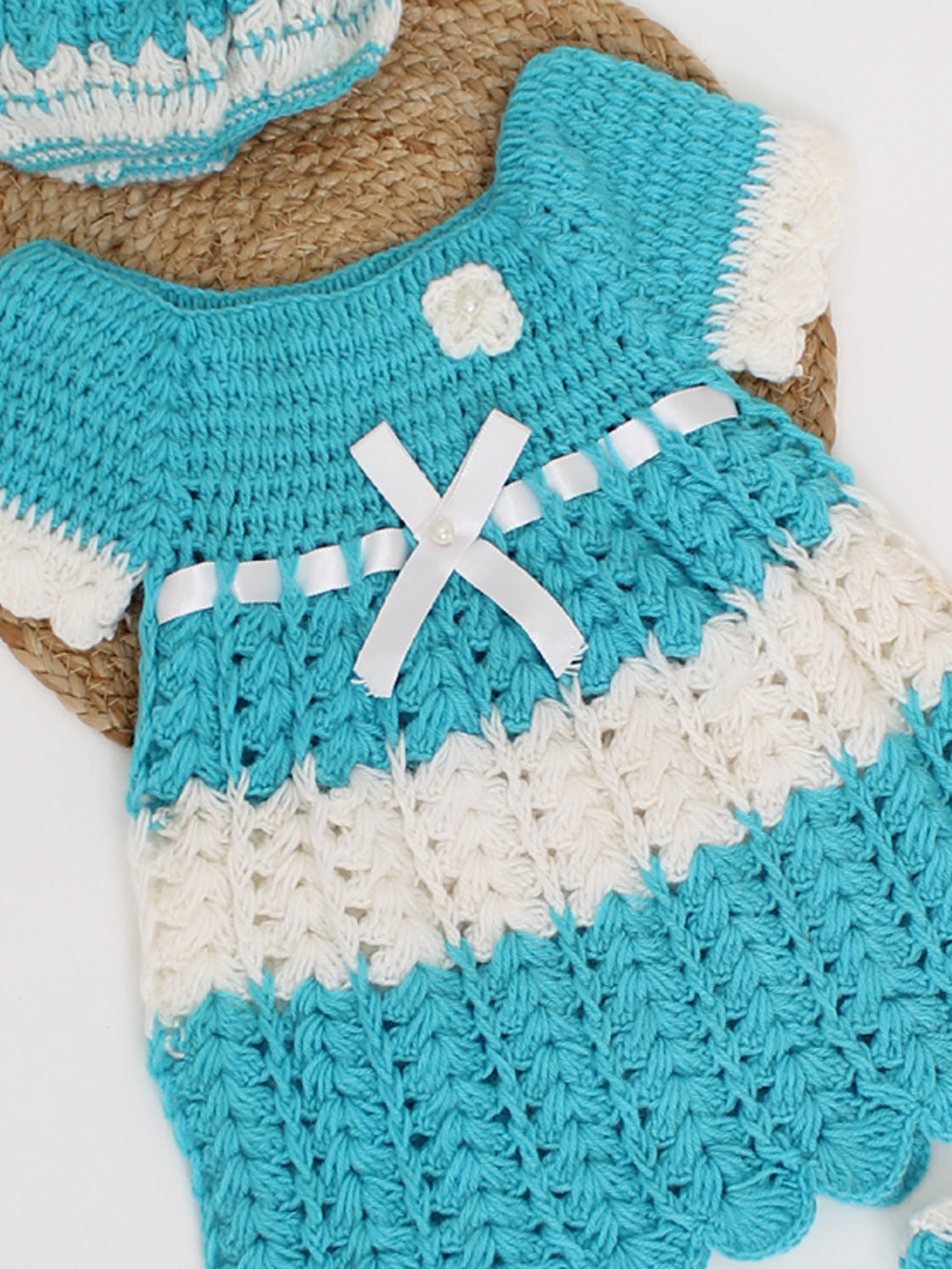 Woonie Handmade Crochet Floral Frock Set With Cap & Booties-Blue