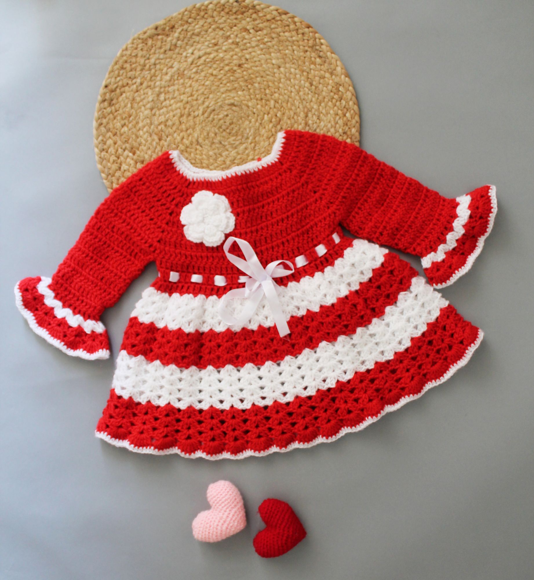 Woonie Handmade Knitted Frilled Full Sleeves Floral Ribbon Detail Stylish Frock-Red