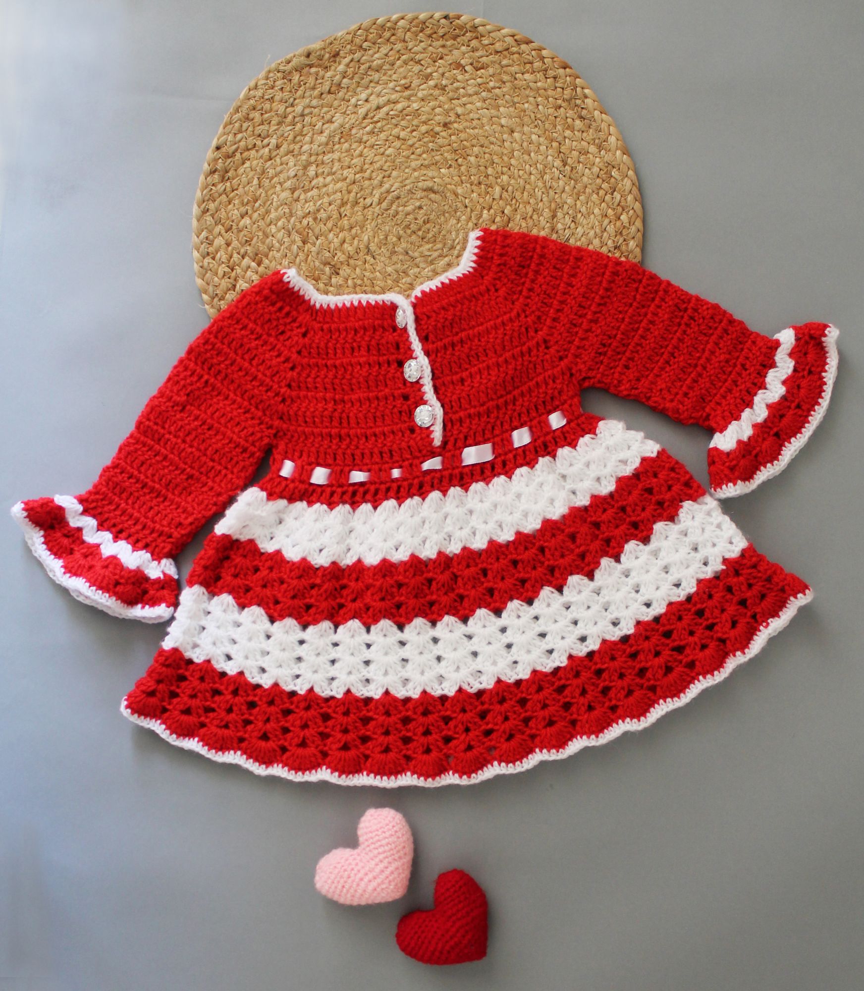Woonie Handmade Knitted Frilled Full Sleeves Floral Ribbon Detail Stylish Frock-Red