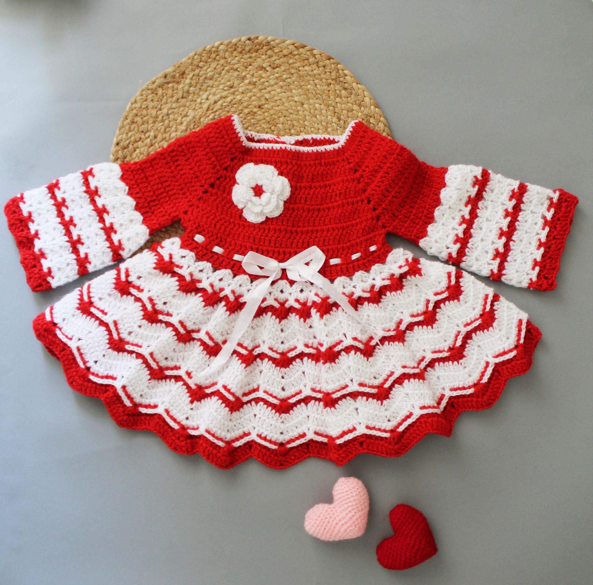 Woonie Handmade Full Sleeves Flower & Ribbon Detail Heavy Flared Knitted Frock-Red