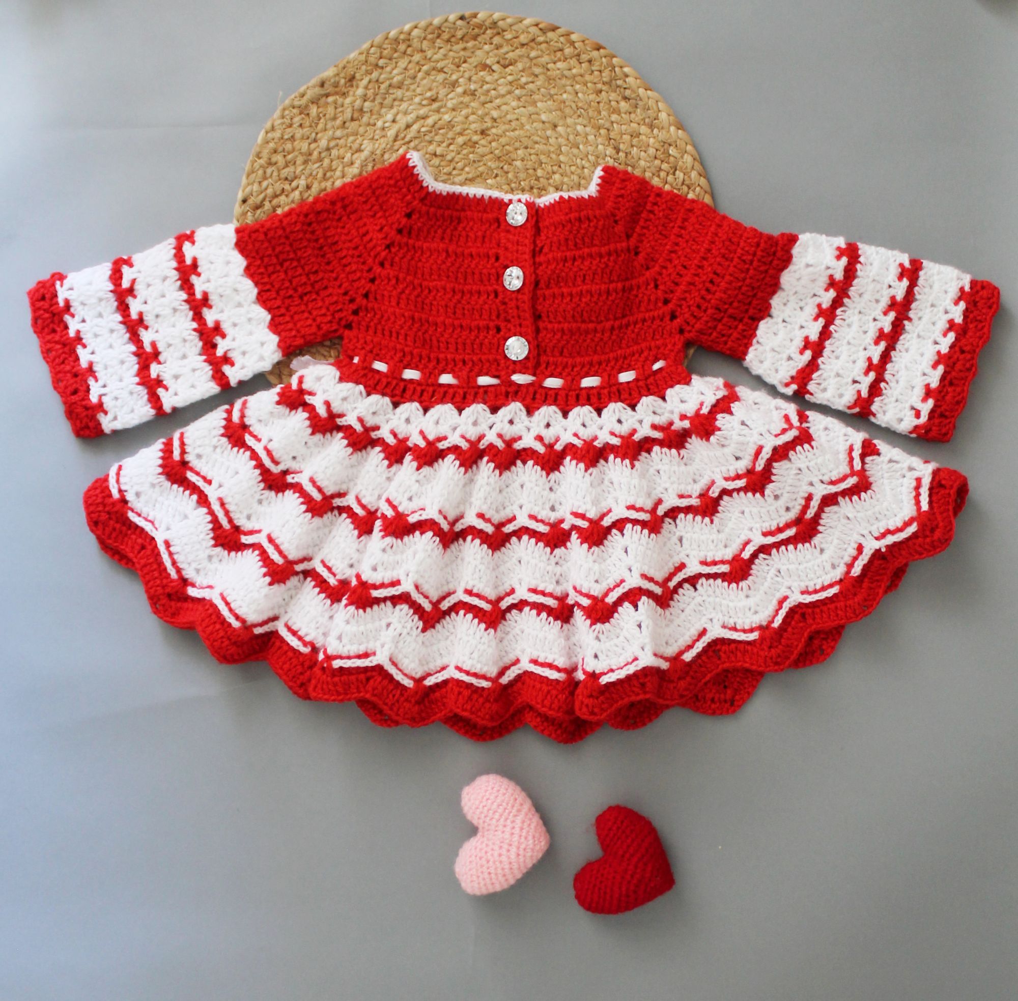 Woonie Handmade Full Sleeves Flower & Ribbon Detail Heavy Flared Knitted Frock-Red