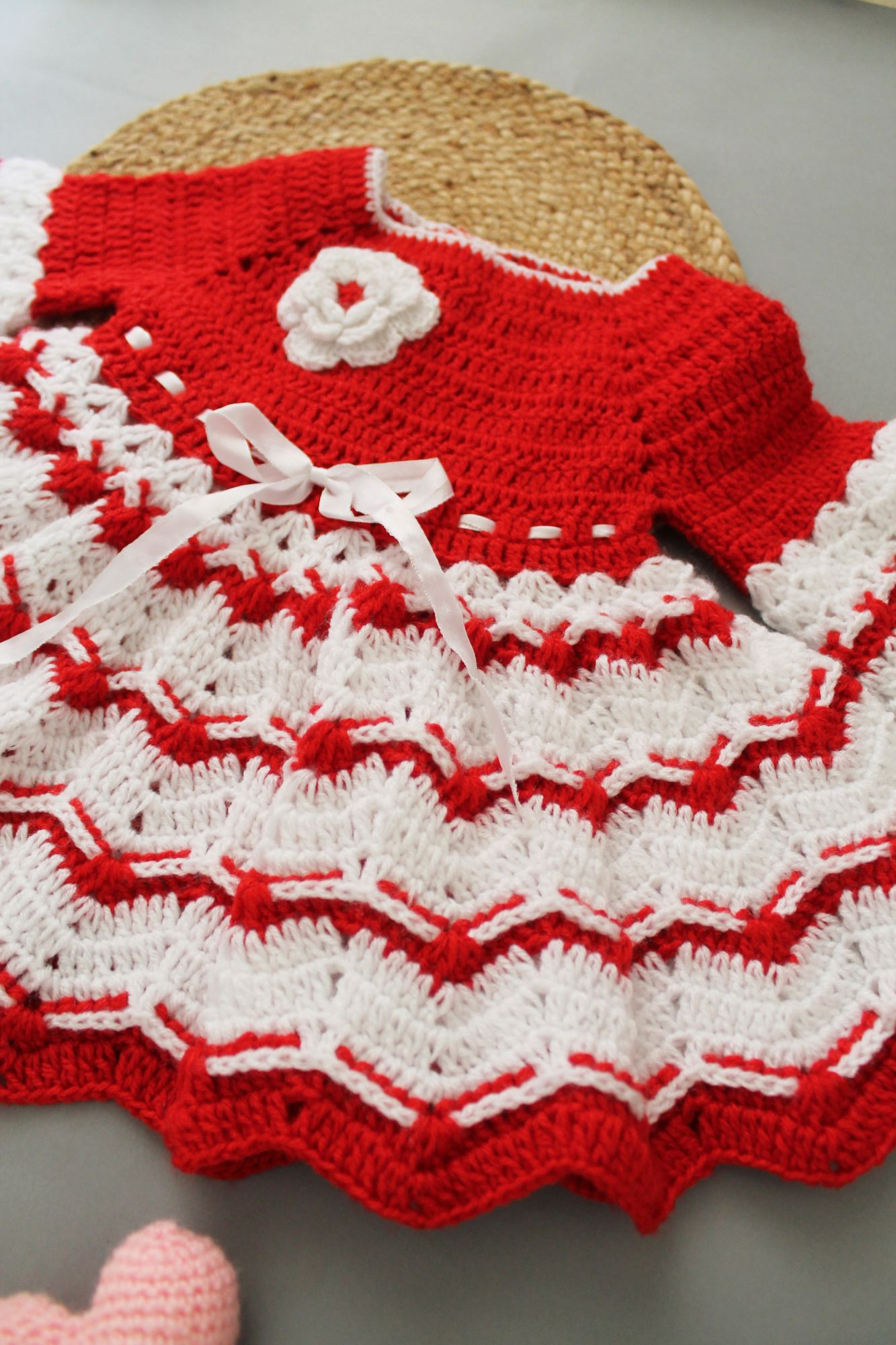 Woonie Handmade Full Sleeves Flower & Ribbon Detail Heavy Flared Knitted Frock-Red