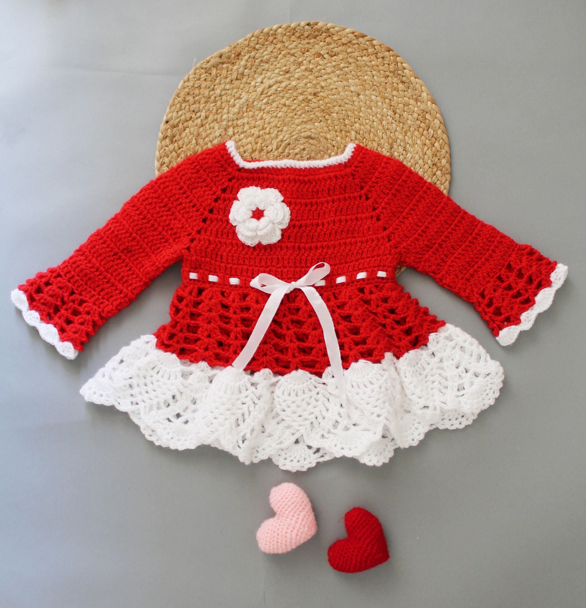 Woonie Handmade Knitted Full Sleeves Floral Ribbon Dtail Designing Frock-Frock