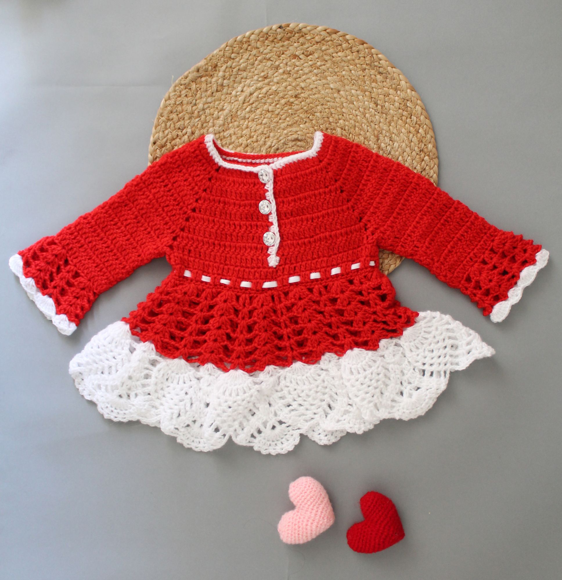 Woonie Handmade Knitted Full Sleeves Floral Ribbon Dtail Designing Frock-Frock