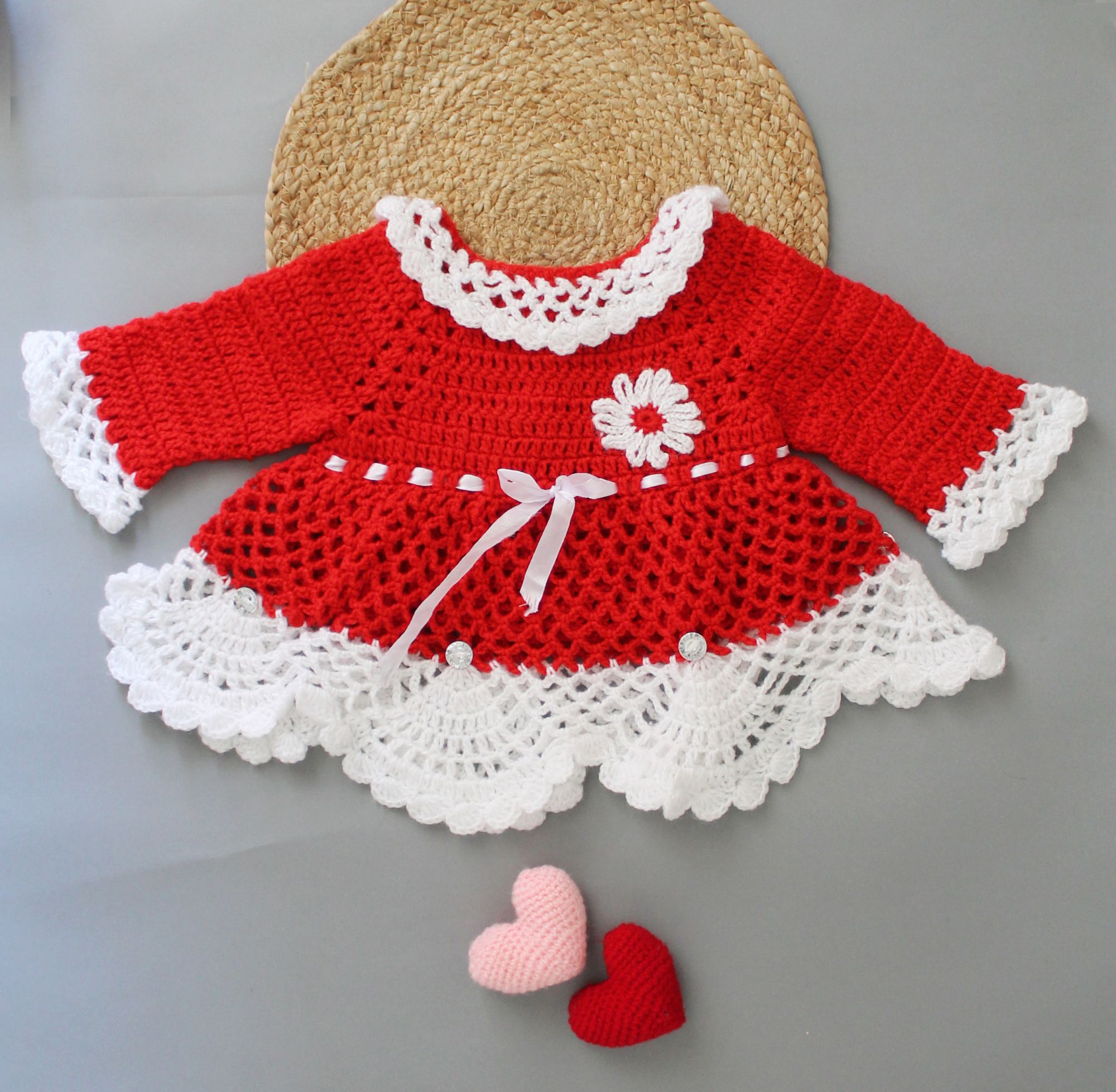 Woonie Handmade Knitted Ribbed Full Sleeves With Button & Ribbon Detailing Frock-Red