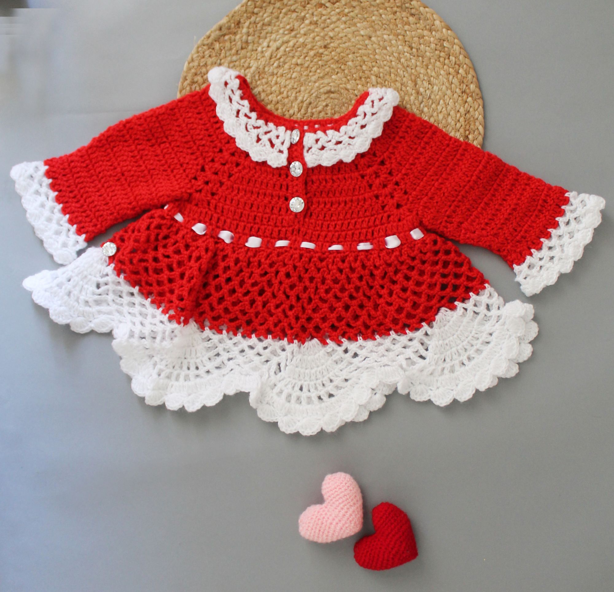 Woonie Handmade Knitted Ribbed Full Sleeves With Button & Ribbon Detailing Frock-Red