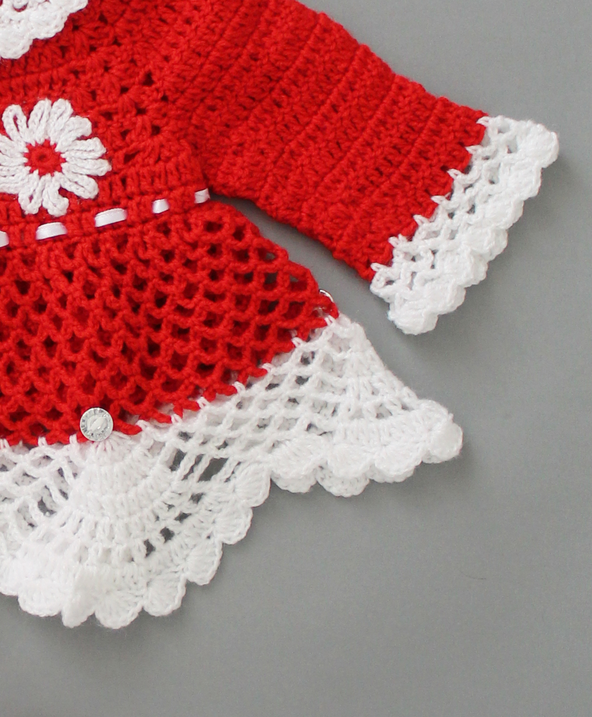 Woonie Handmade Knitted Ribbed Full Sleeves With Button & Ribbon Detailing Frock-Red