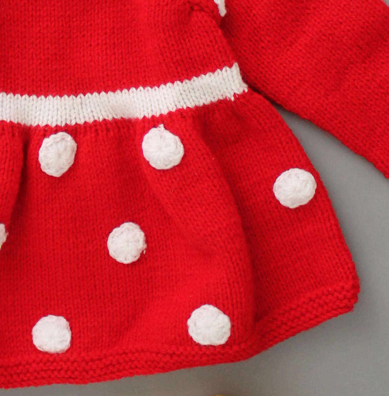 Woonie Handmade Knitted Full Sleeves Polka Dot Frock Set With Cap & Booties