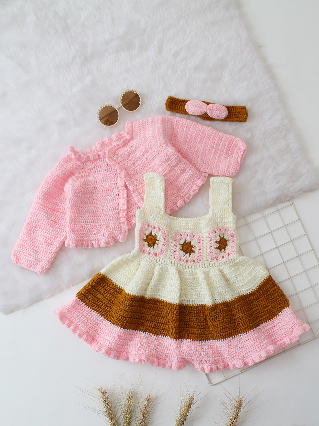 Woonie Crochet Handmade Granny Square Detailed Dress Set - Pink
