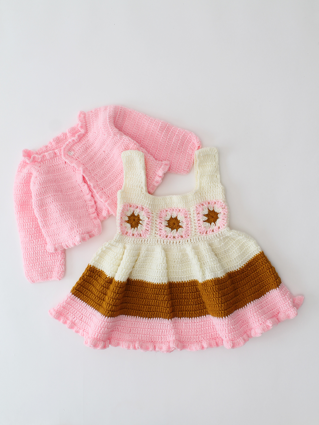 Woonie Crochet Handmade Granny Square Detailed Dress Set - Pink