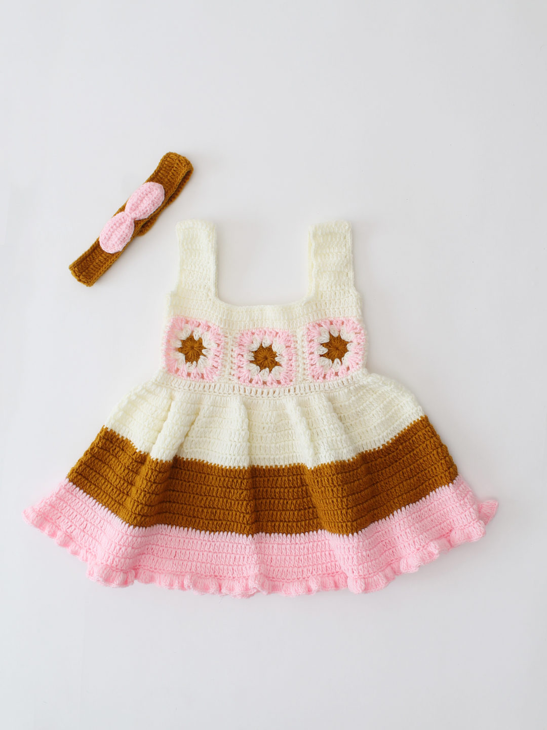 Woonie Crochet Handmade Granny Square Detailed Dress Set - Pink