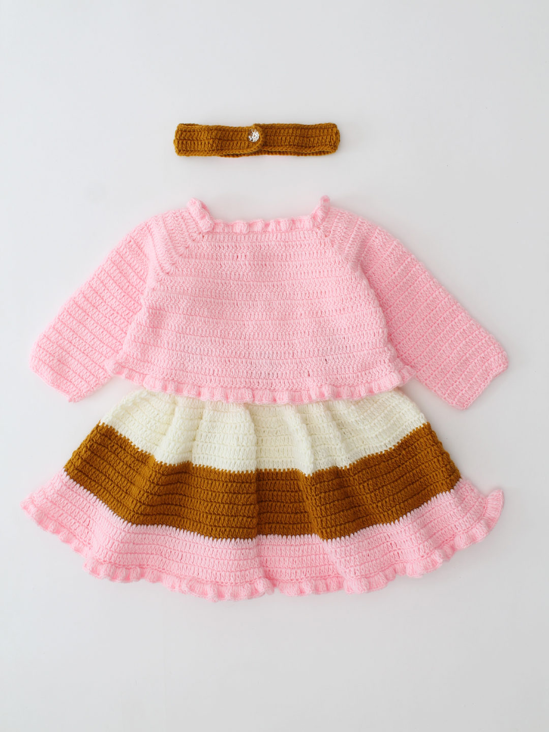 Woonie Crochet Handmade Granny Square Detailed Dress Set - Pink