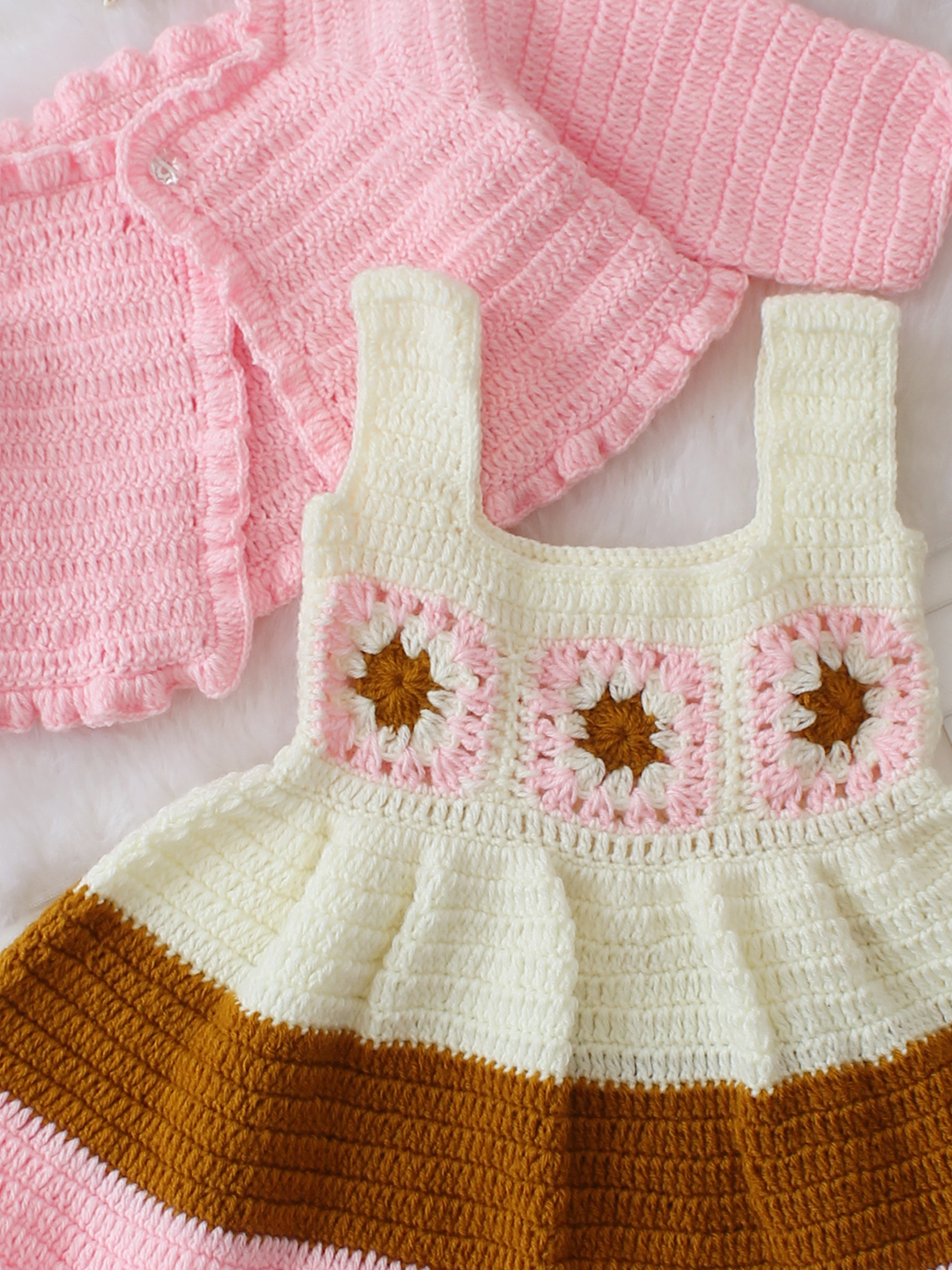 Woonie Crochet Handmade Granny Square Detailed Dress Set - Pink
