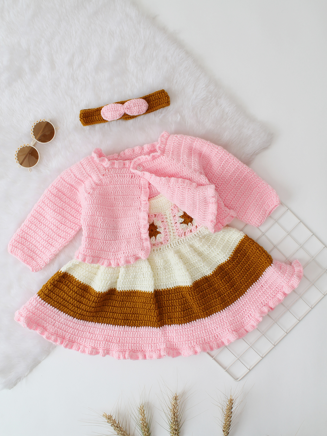 Woonie Crochet Handmade Granny Square Detailed Dress Set - Pink