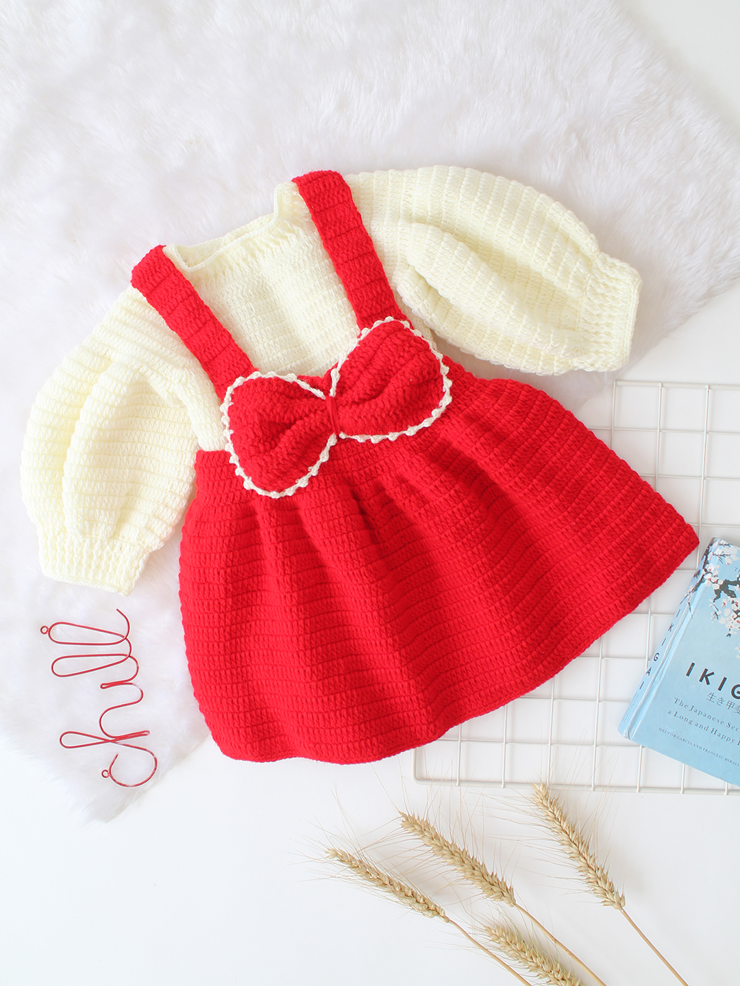 Woonie Handmade Bow Dungaree Design Dress - Red
