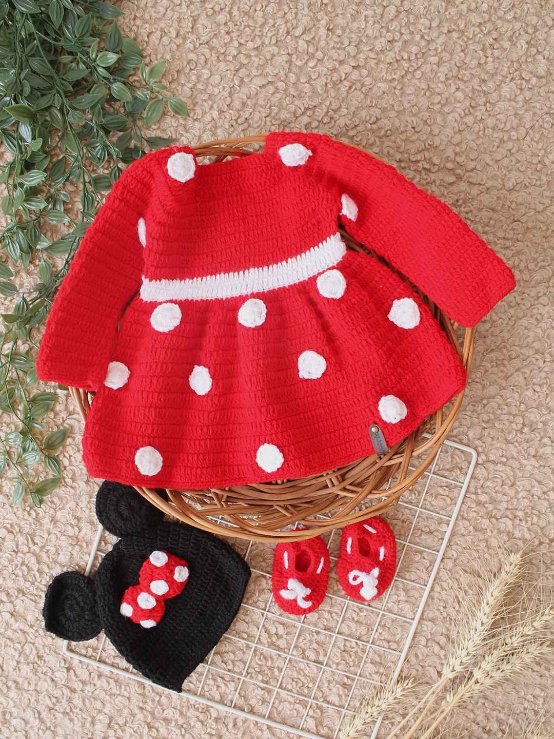 Woonie Handmade Polka Dot Dress Set with Cap and Booties - Red