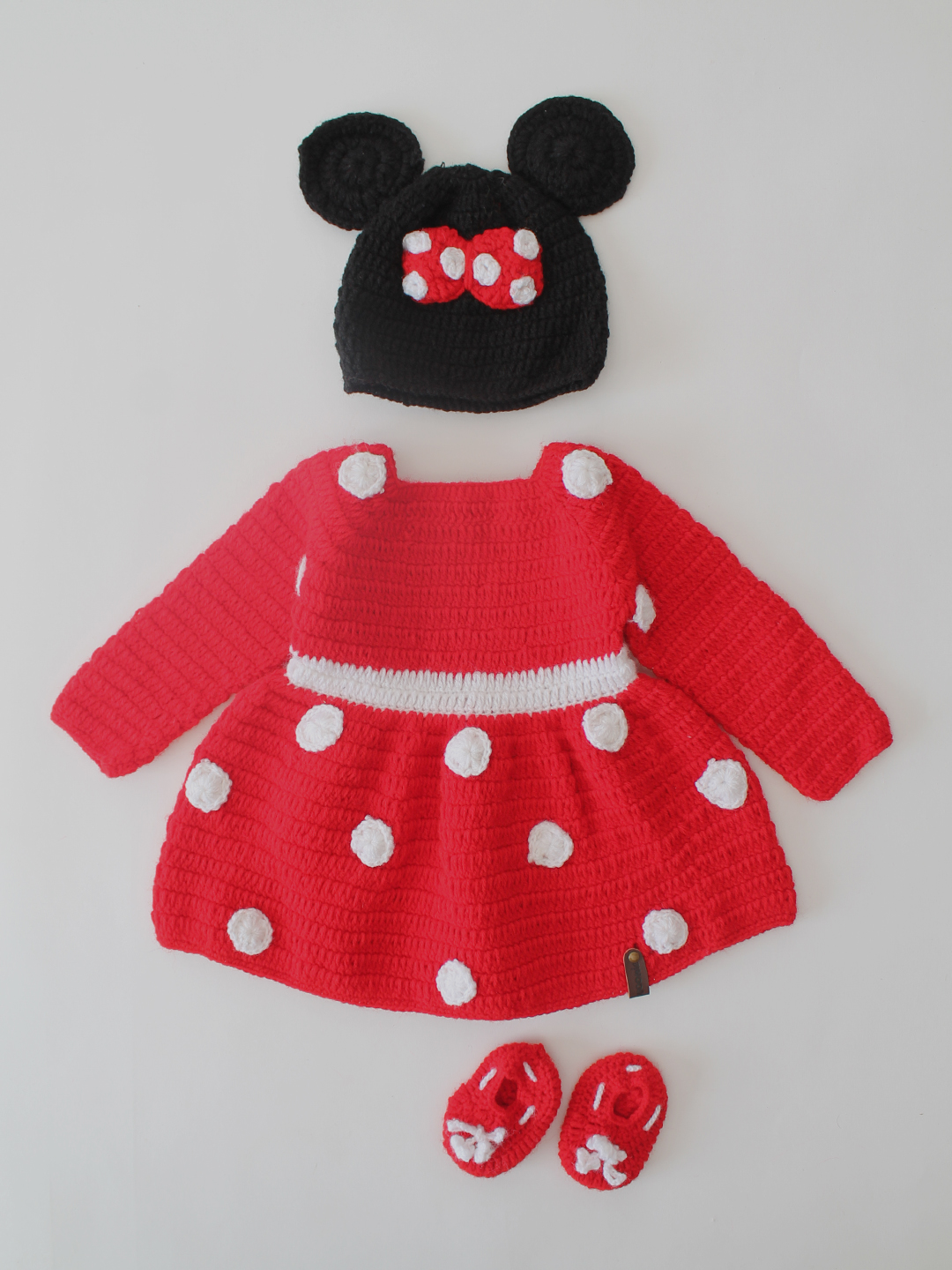 Woonie Handmade Polka Dot Dress Set with Cap and Booties - Red