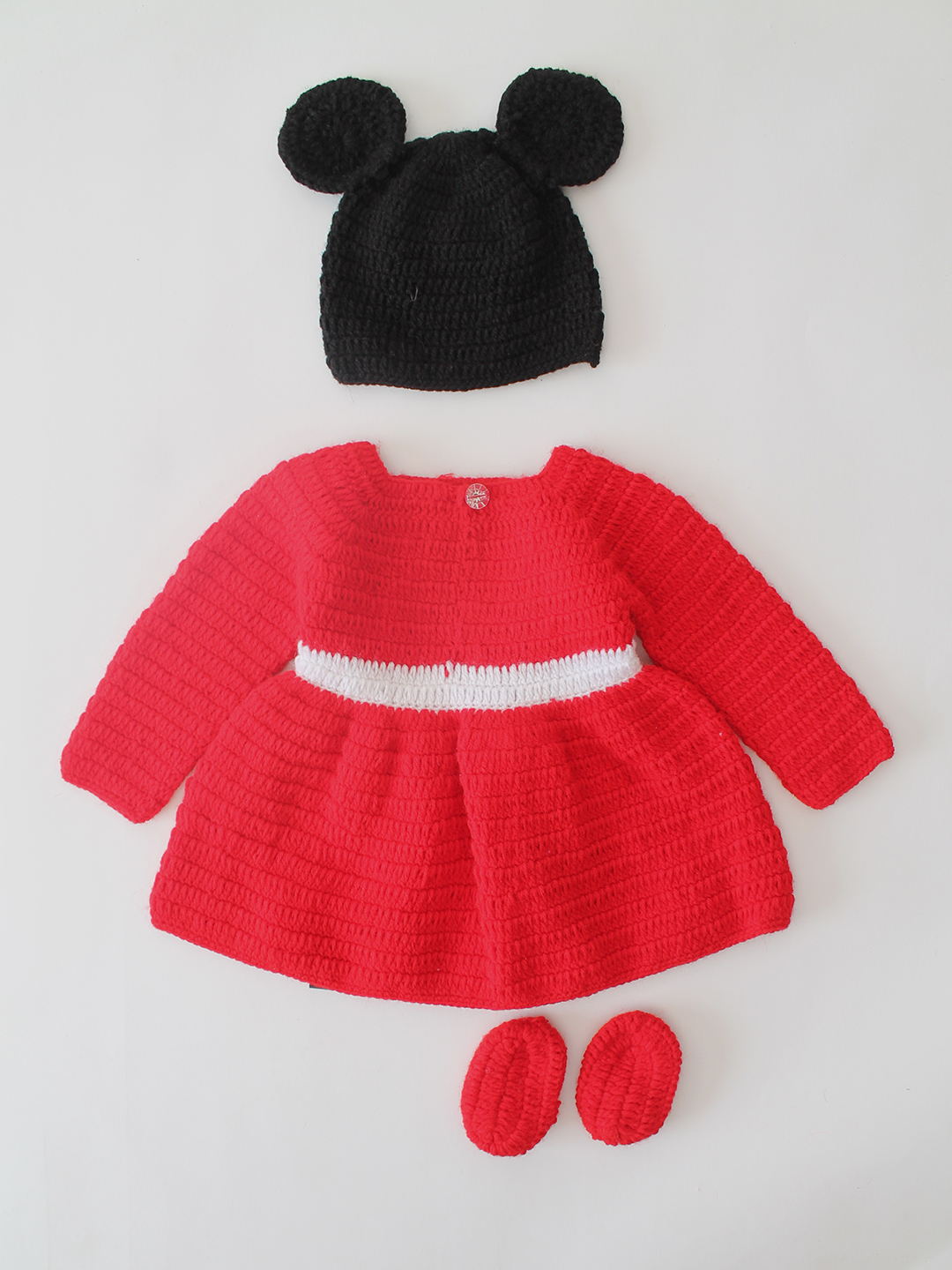 Woonie Handmade Polka Dot Dress Set with Cap and Booties - Red