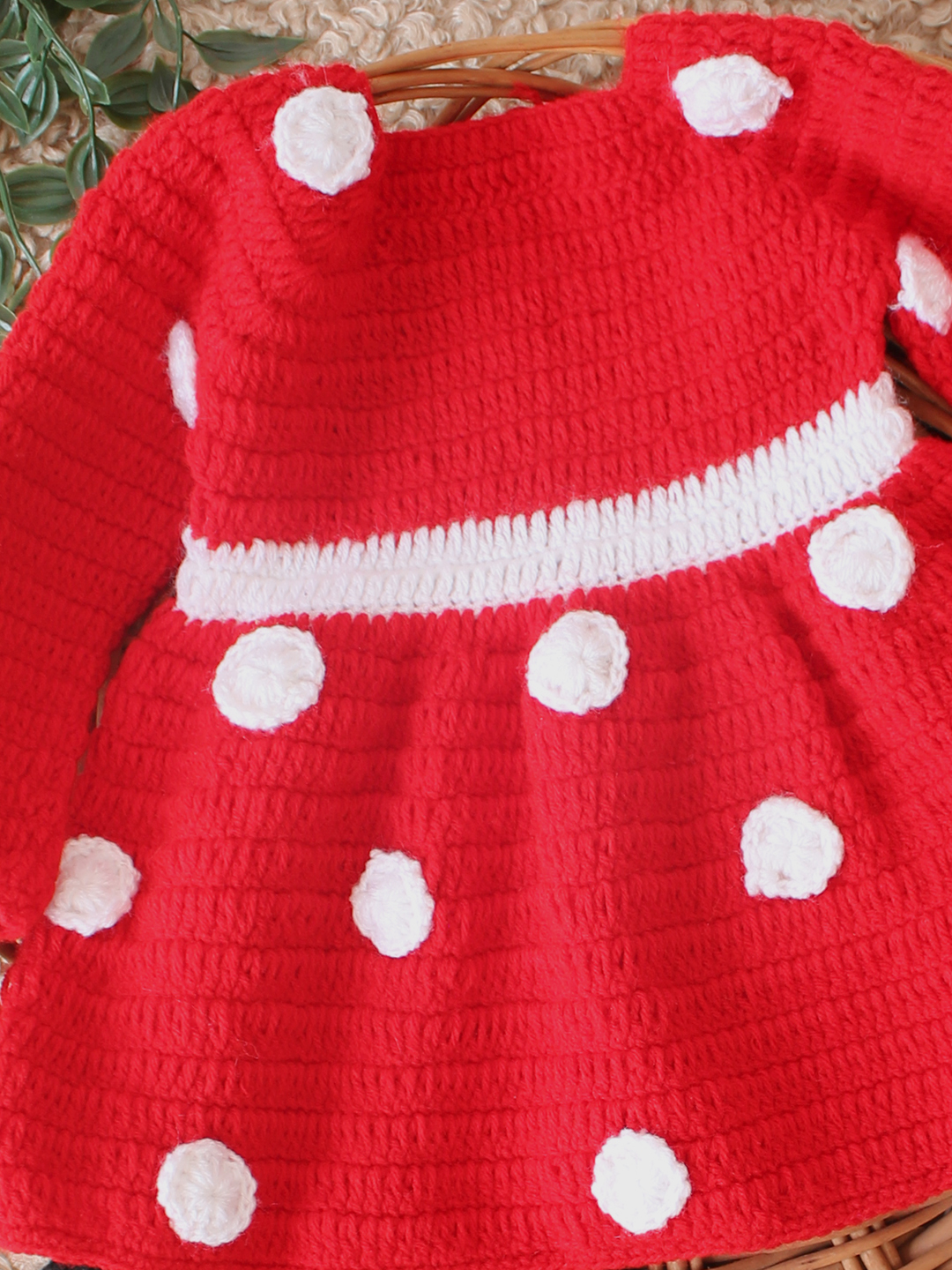 Woonie Handmade Polka Dot Dress Set with Cap and Booties - Red