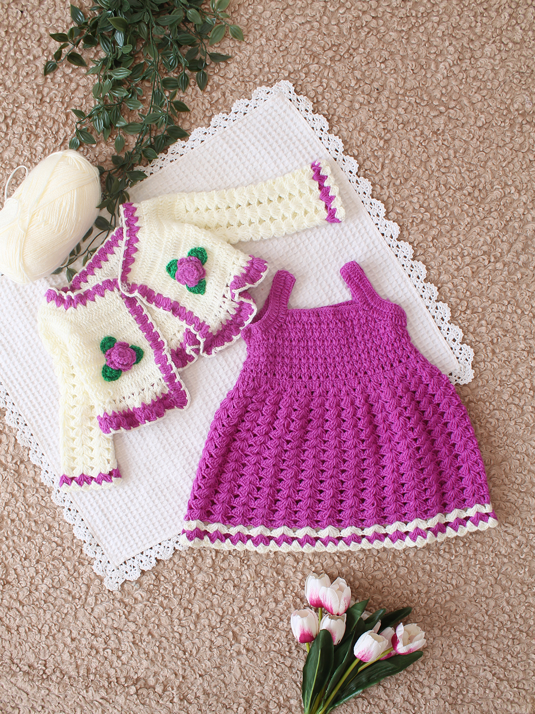 Woonie Crochet Frock with Floral Shrug - Purple