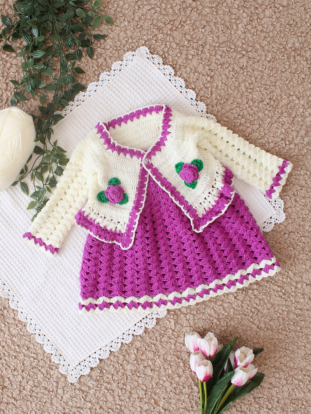 Woonie Crochet Frock with Floral Shrug - Purple