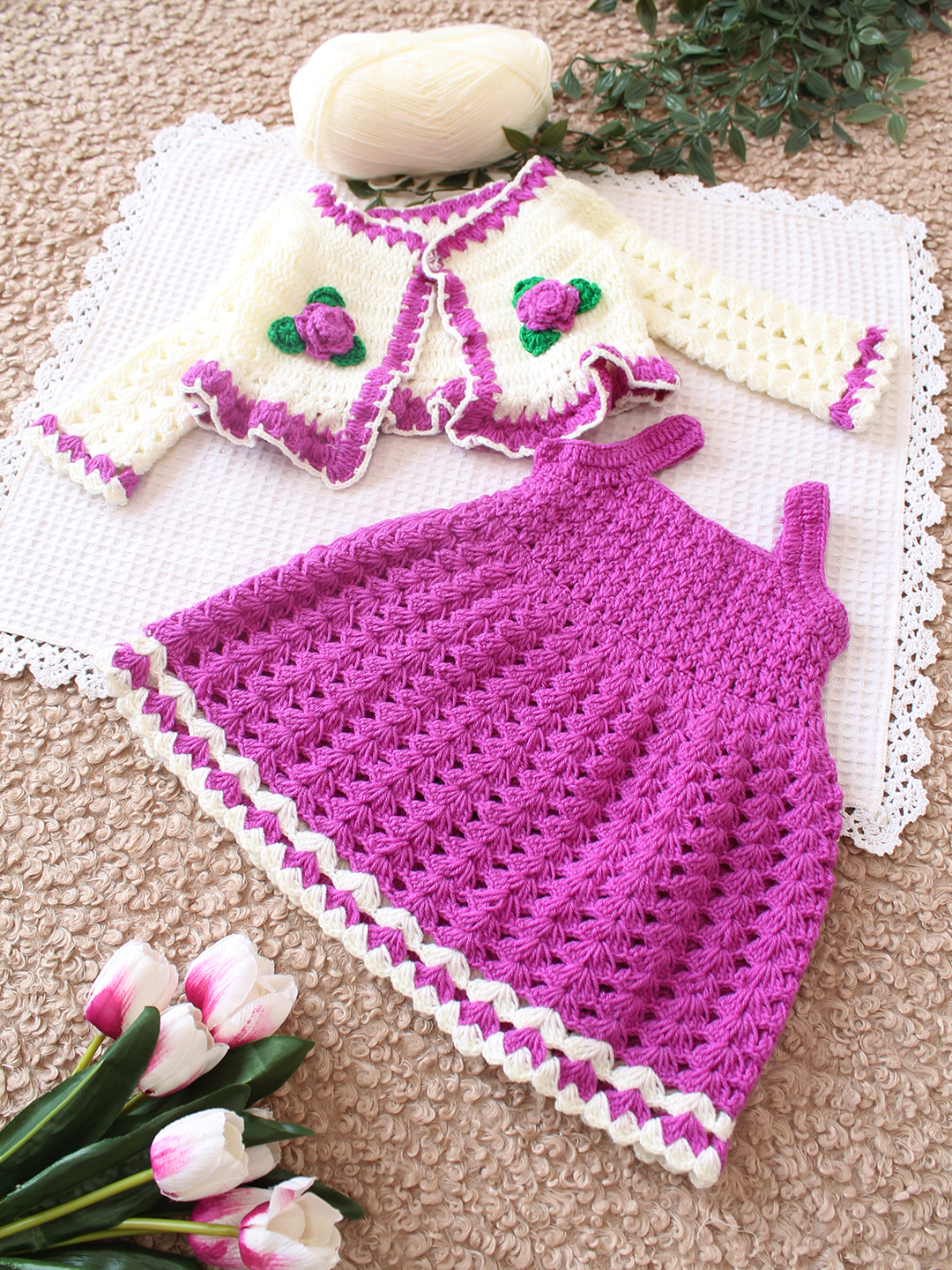 Woonie Crochet Frock with Floral Shrug - Purple