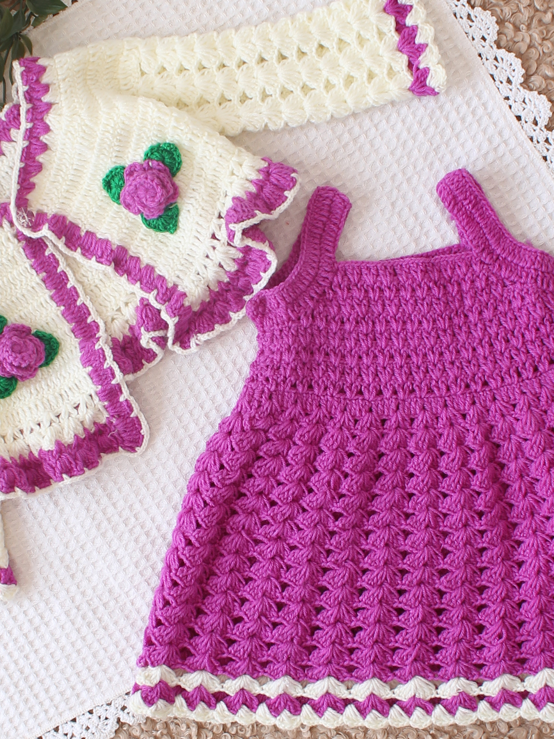 Woonie Crochet Frock with Floral Shrug - Purple