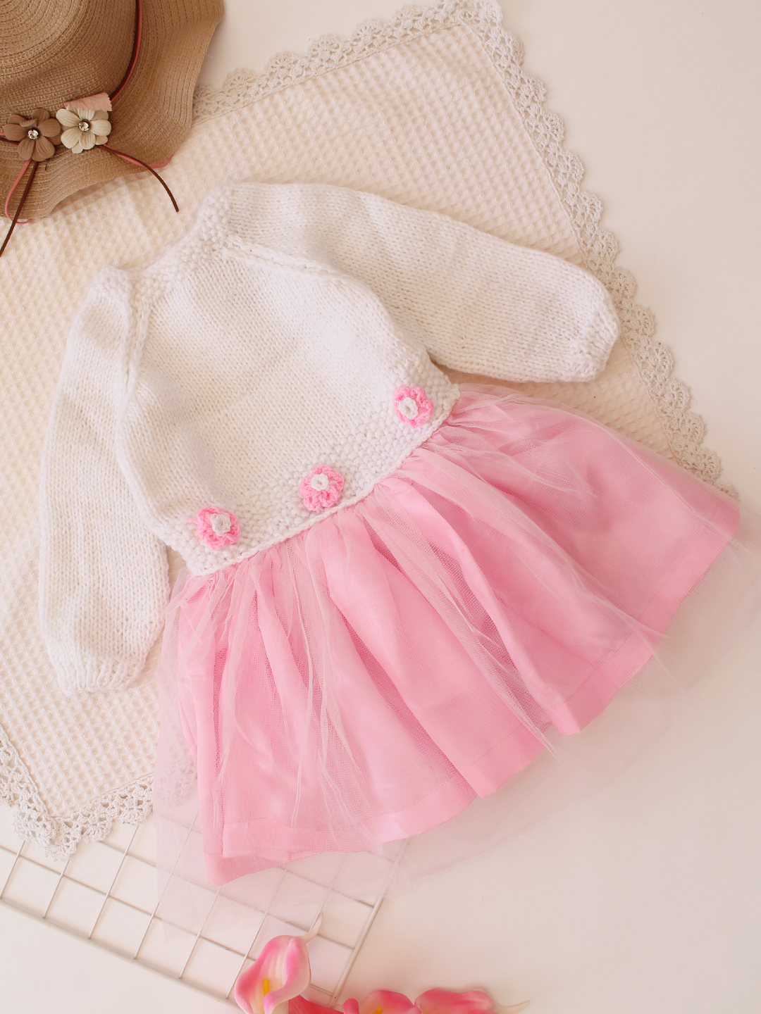 Woonie Handknitted Full Sleeve Party Dress - Pink