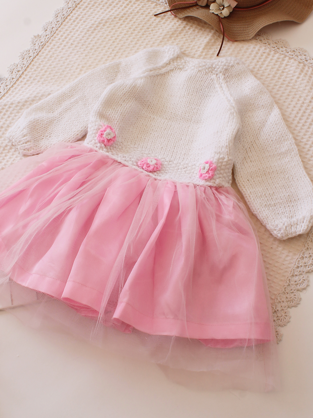 Woonie Handknitted Full Sleeve Party Dress - Pink