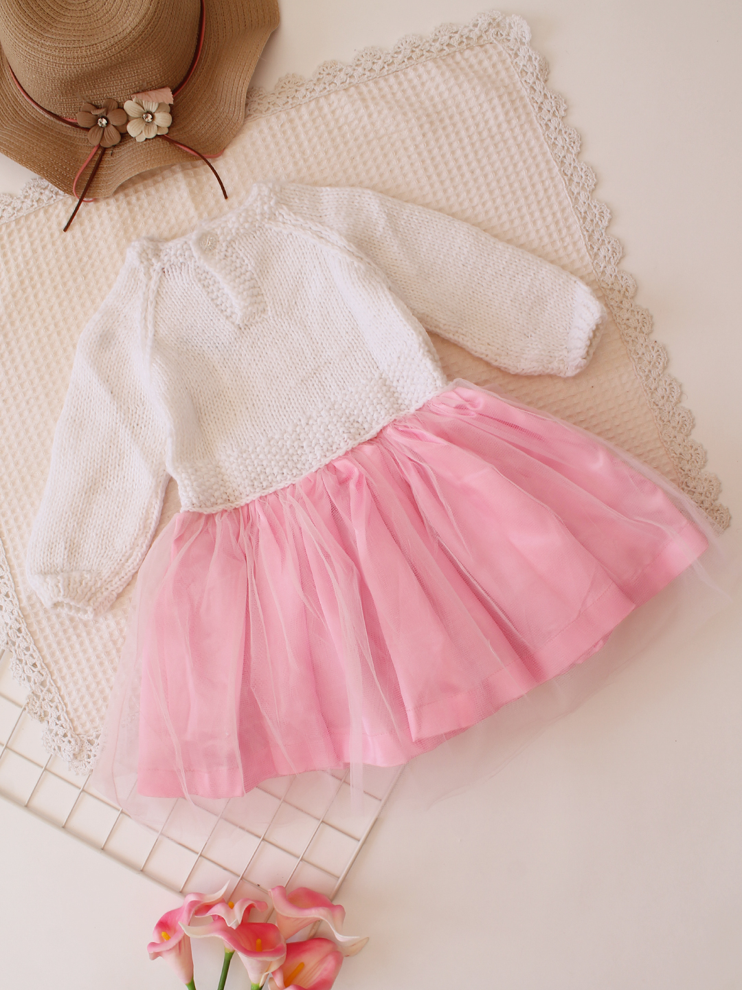 Woonie Handknitted Full Sleeve Party Dress - Pink