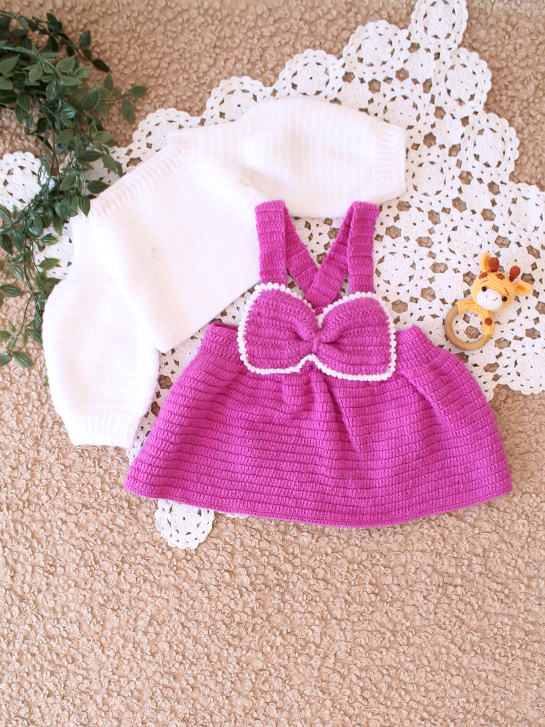 Woonie Handmade Bow Dungaree Design Dress - Purple