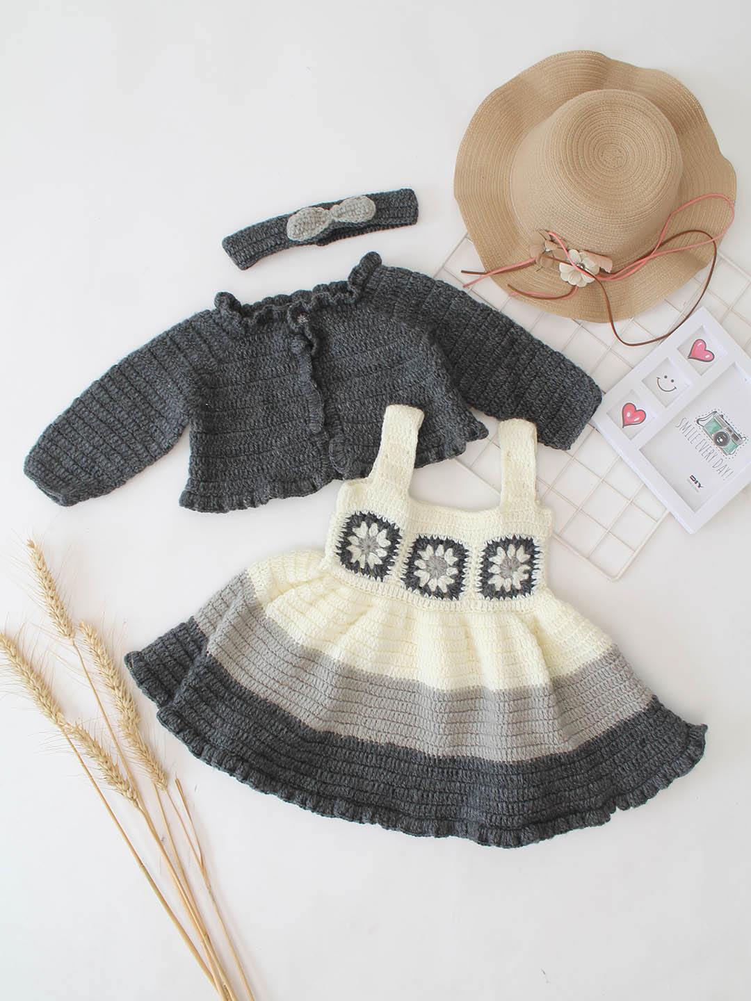 Woonie Crochet Handmade Granny Square Detailed Dress Set - Grey