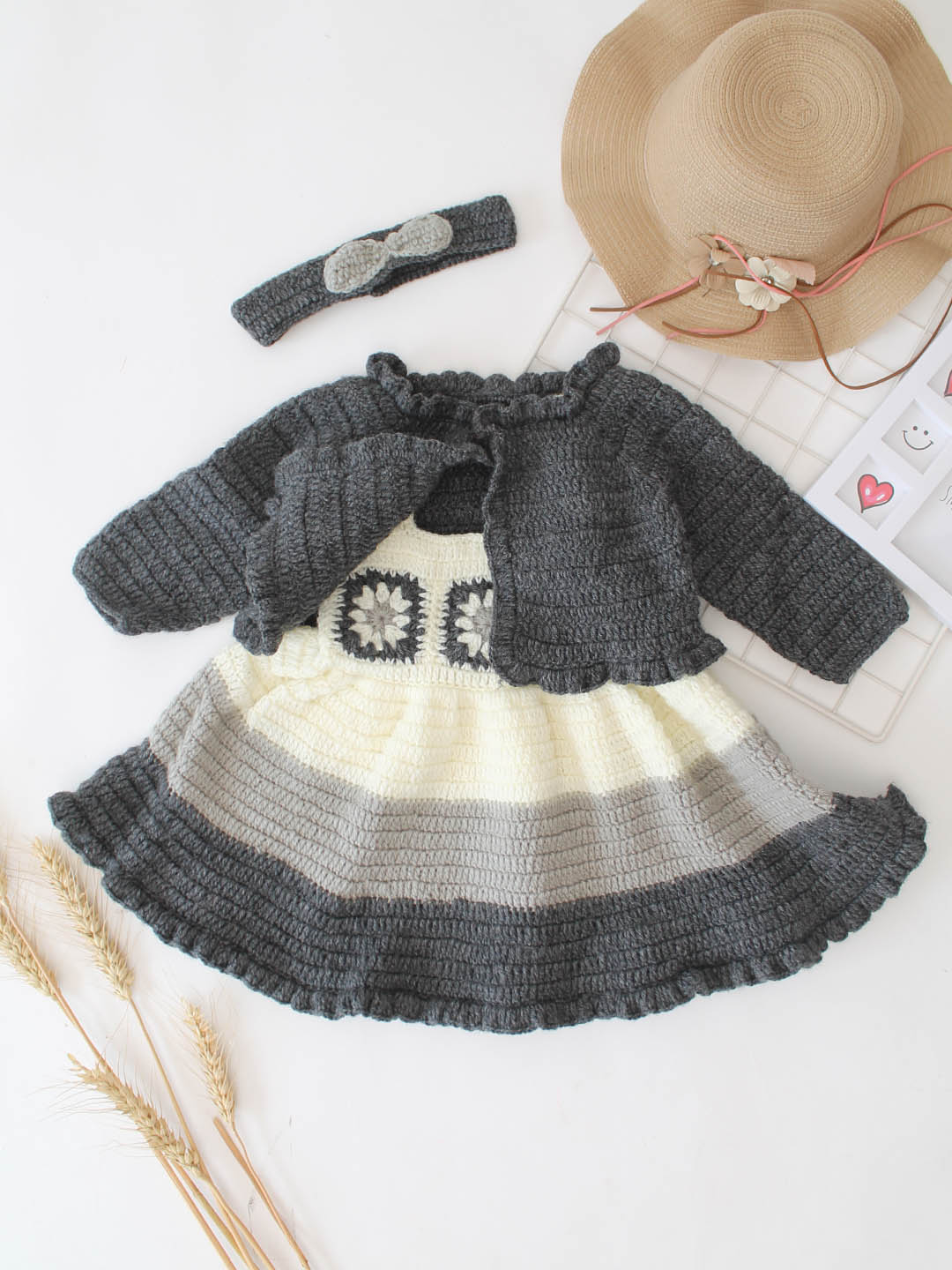 Woonie Crochet Handmade Granny Square Detailed Dress Set - Grey