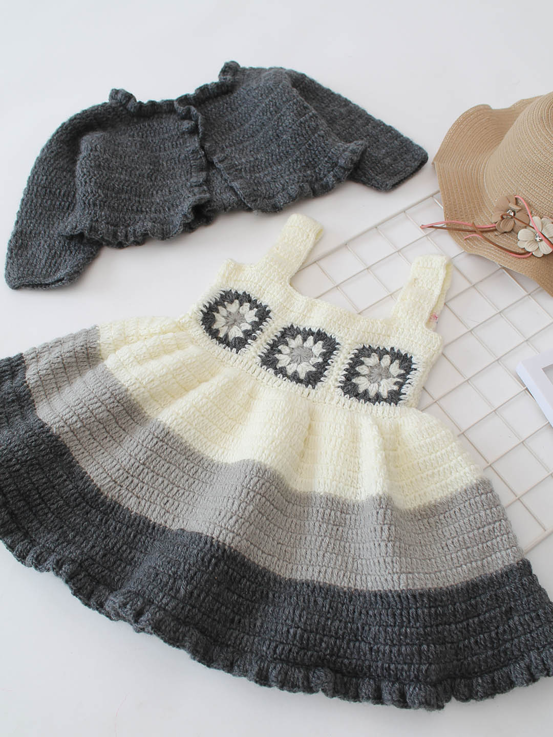 Woonie Crochet Handmade Granny Square Detailed Dress Set - Grey