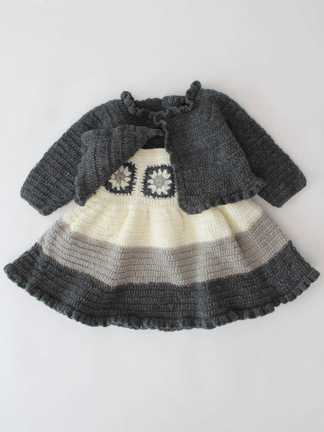 Woonie Crochet Handmade Granny Square Detailed Dress Set - Grey