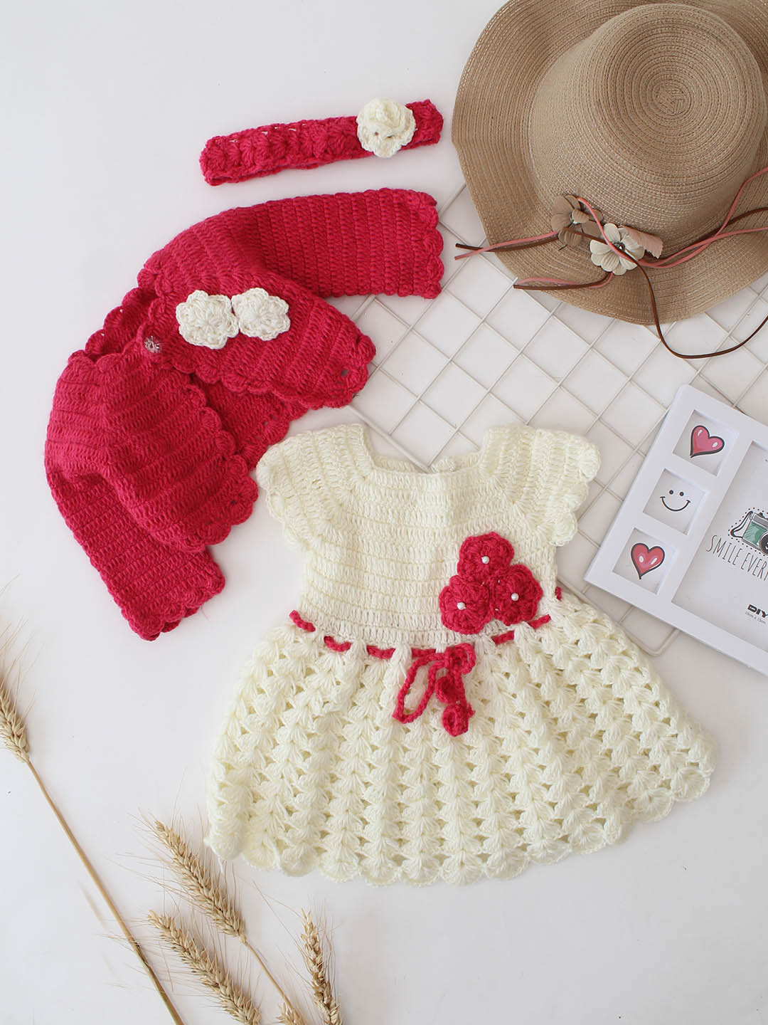 Woonie Crochet Floral Frock with Jacket and Headband - Pink