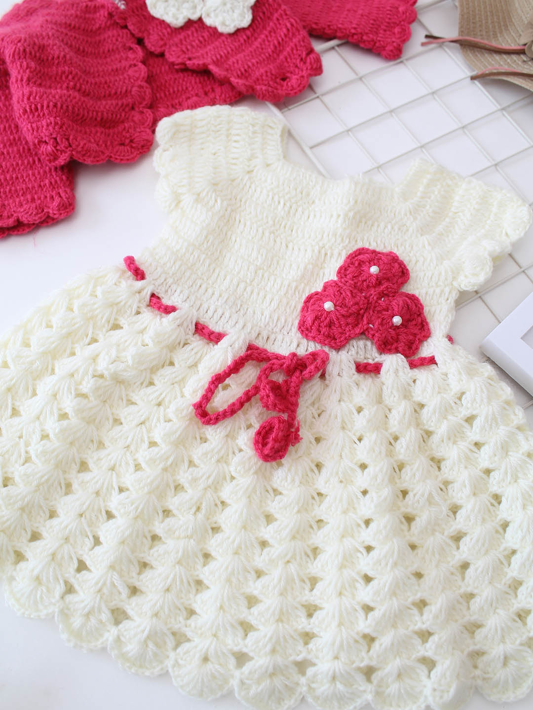 Woonie Crochet Floral Frock with Jacket and Headband - Pink