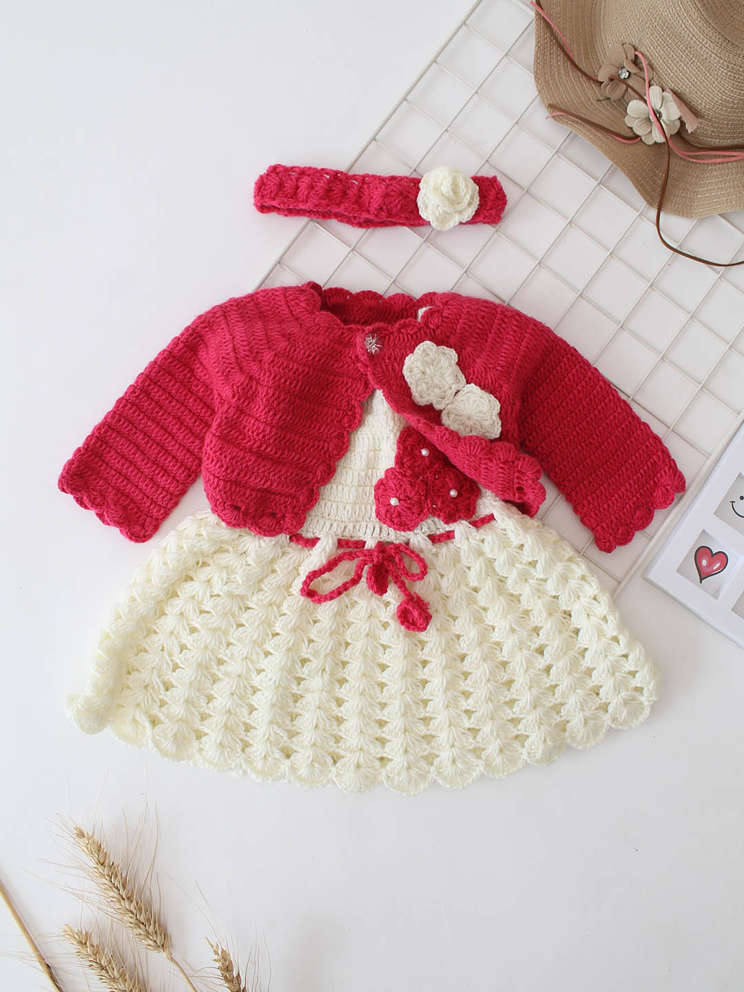 Woonie Crochet Floral Frock with Jacket and Headband - Pink