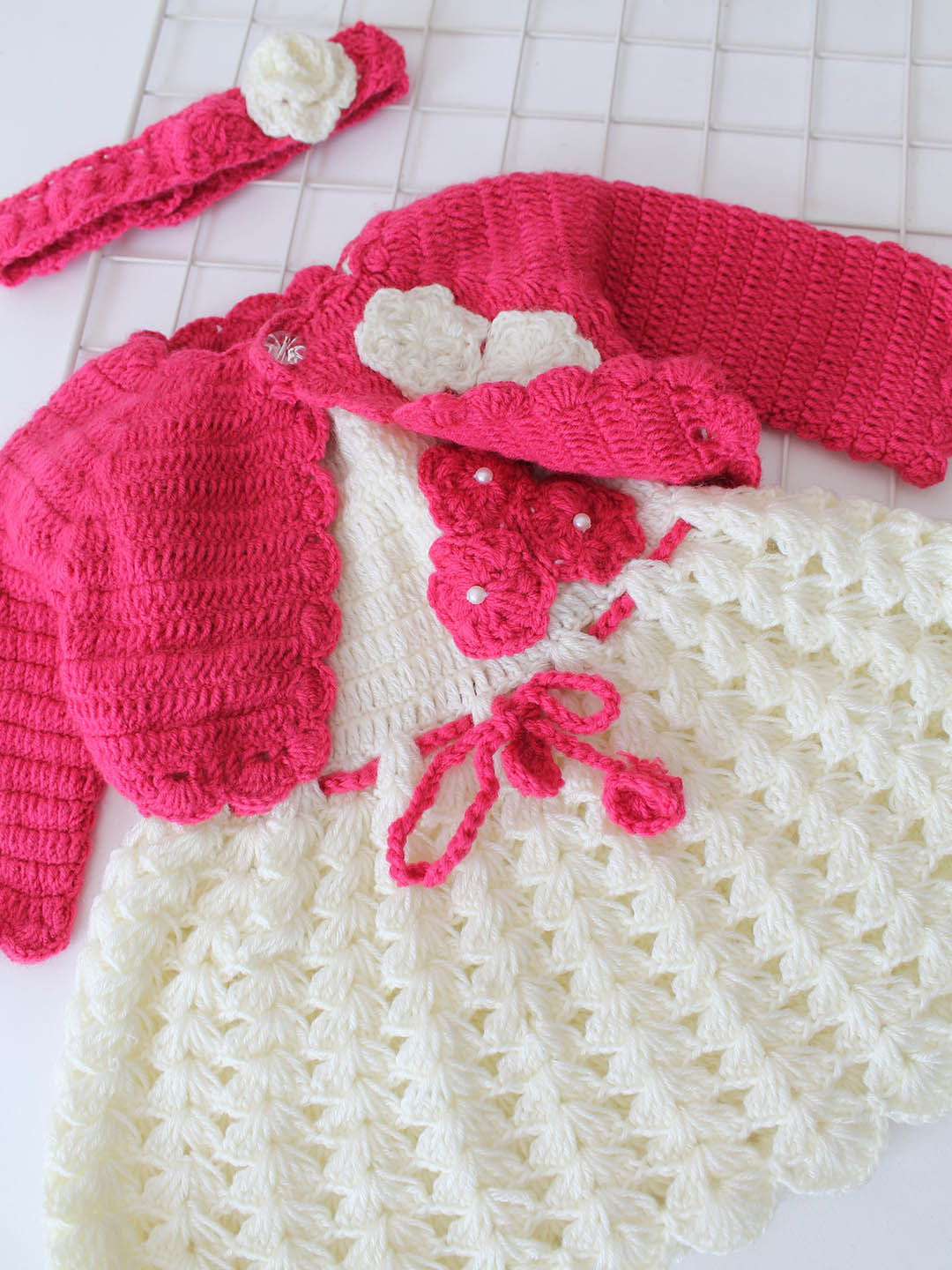 Woonie Crochet Floral Frock with Jacket and Headband - Pink