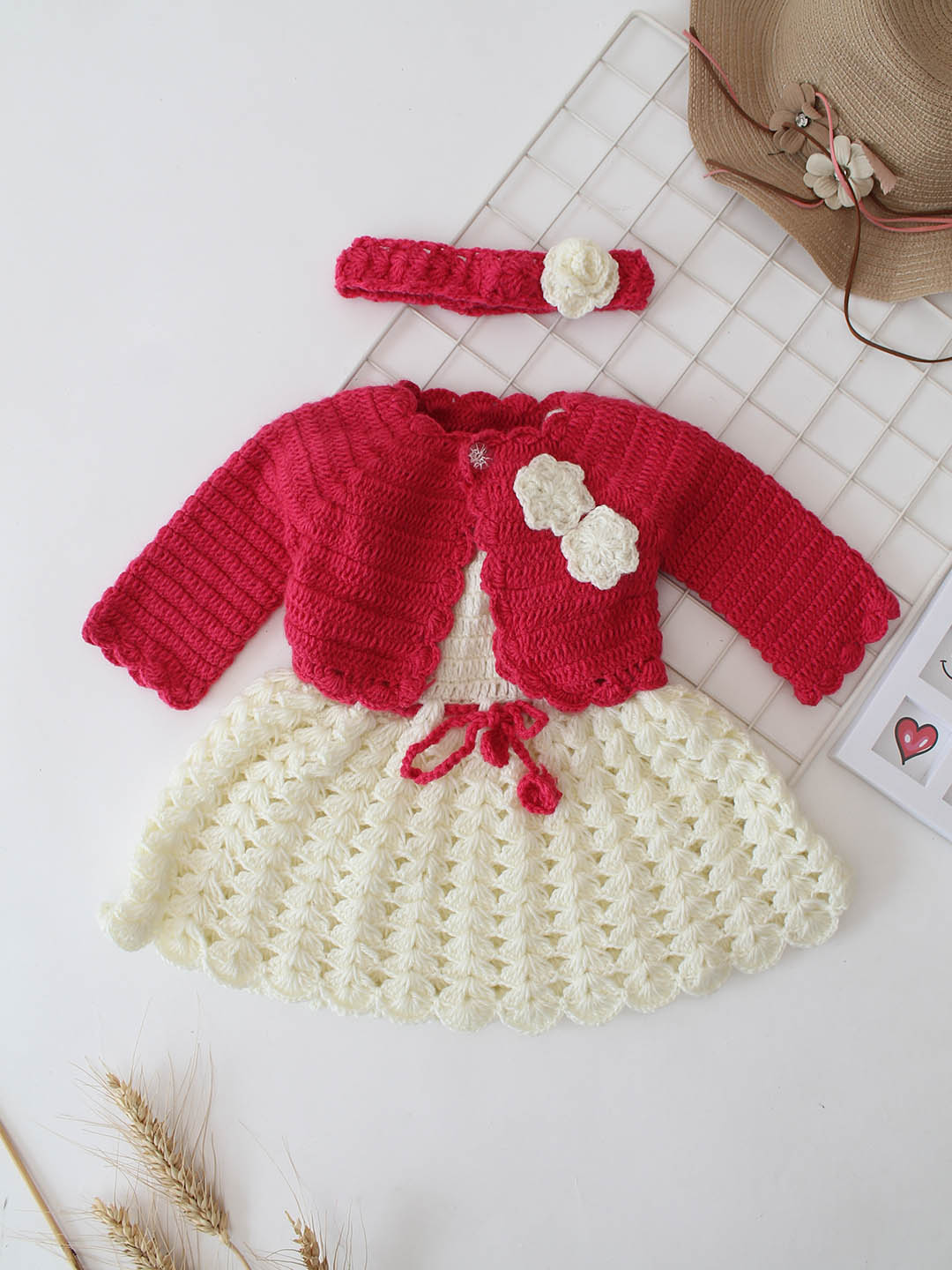 Woonie Crochet Floral Frock with Jacket and Headband - Pink
