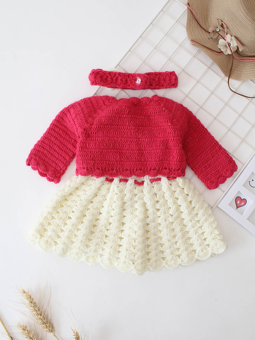 Woonie Crochet Floral Frock with Jacket and Headband - Pink