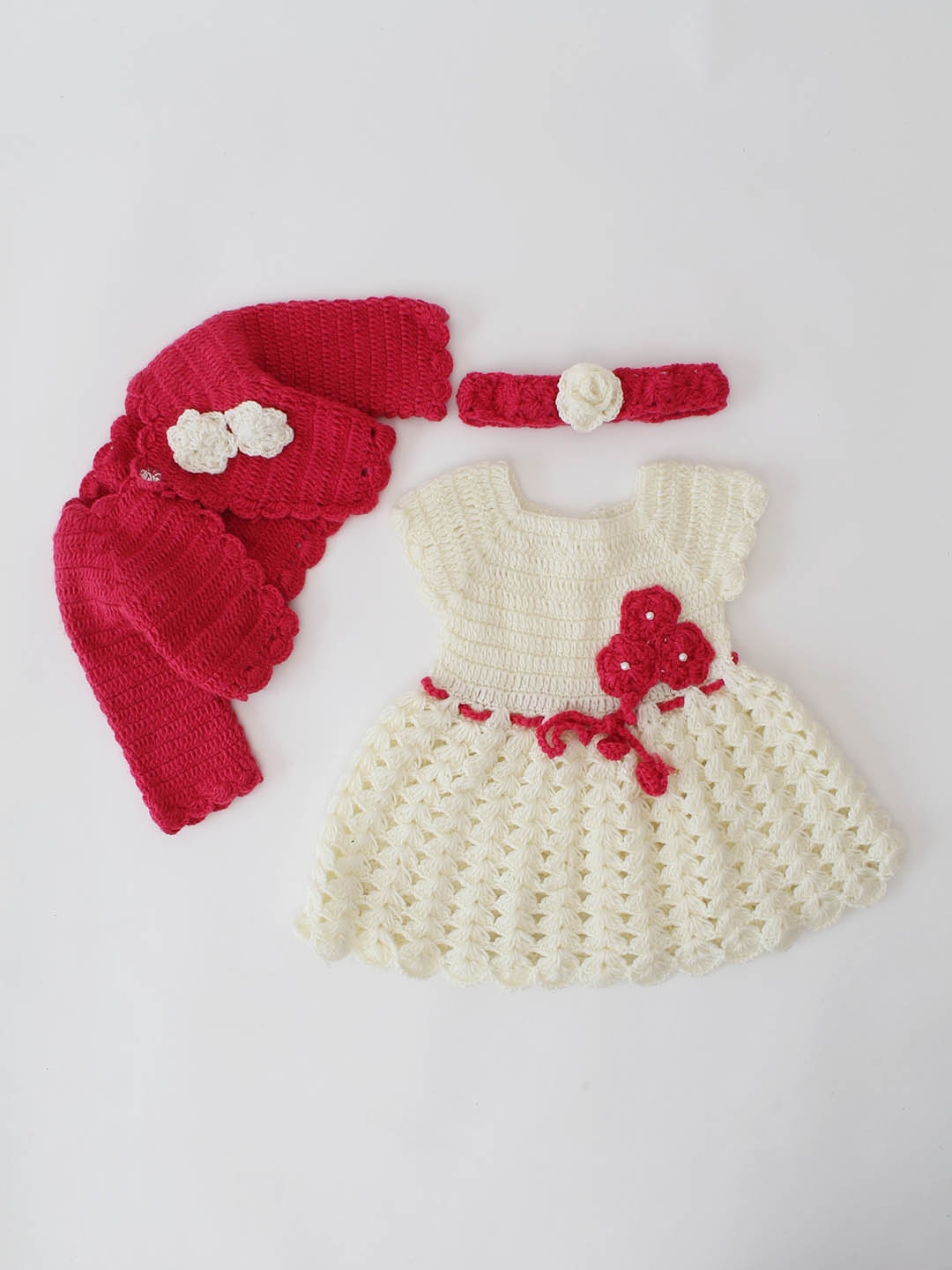 Woonie Crochet Floral Frock with Jacket and Headband - Pink